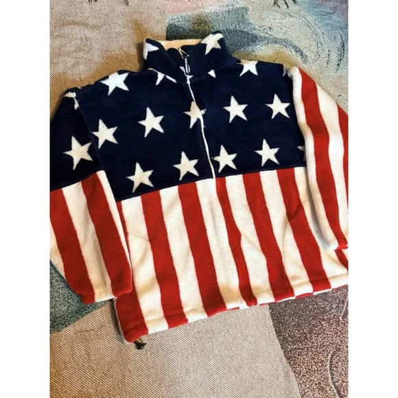 Black Mountain USA Flag Patriotic Fleece Jacket Large Full Zip Red White Blue - Picture 2 of 5